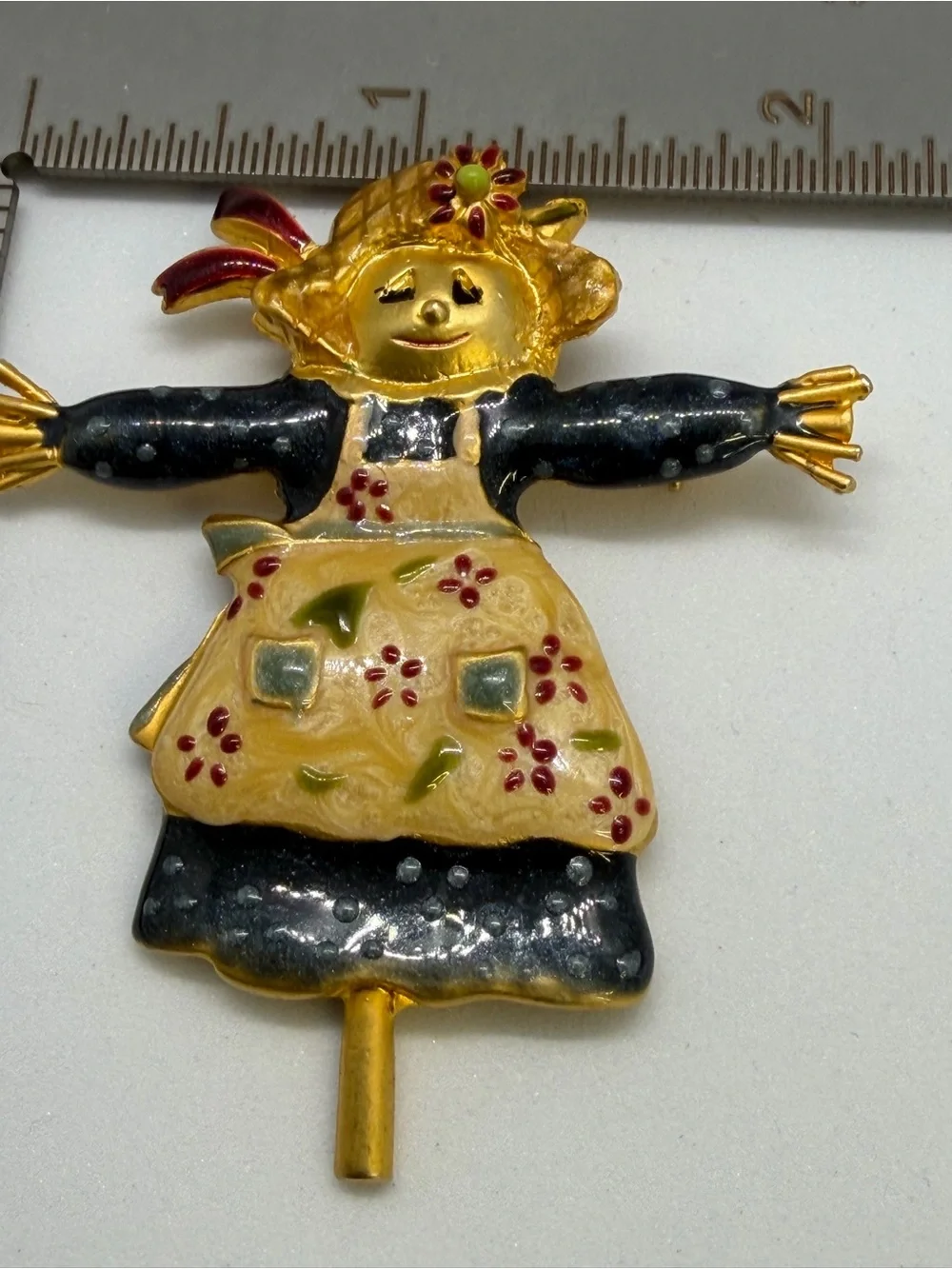 Vintage Gold-Tone Enamel Scarecrow Brooch in Yellow and blue